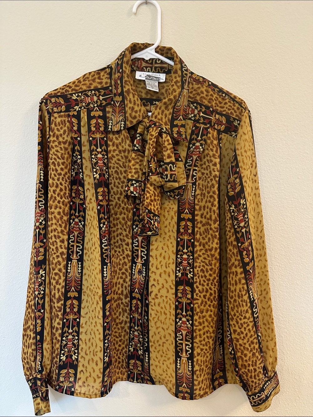 Vintage Mustard Animal-Print Secretary’s Button-Up Blouse